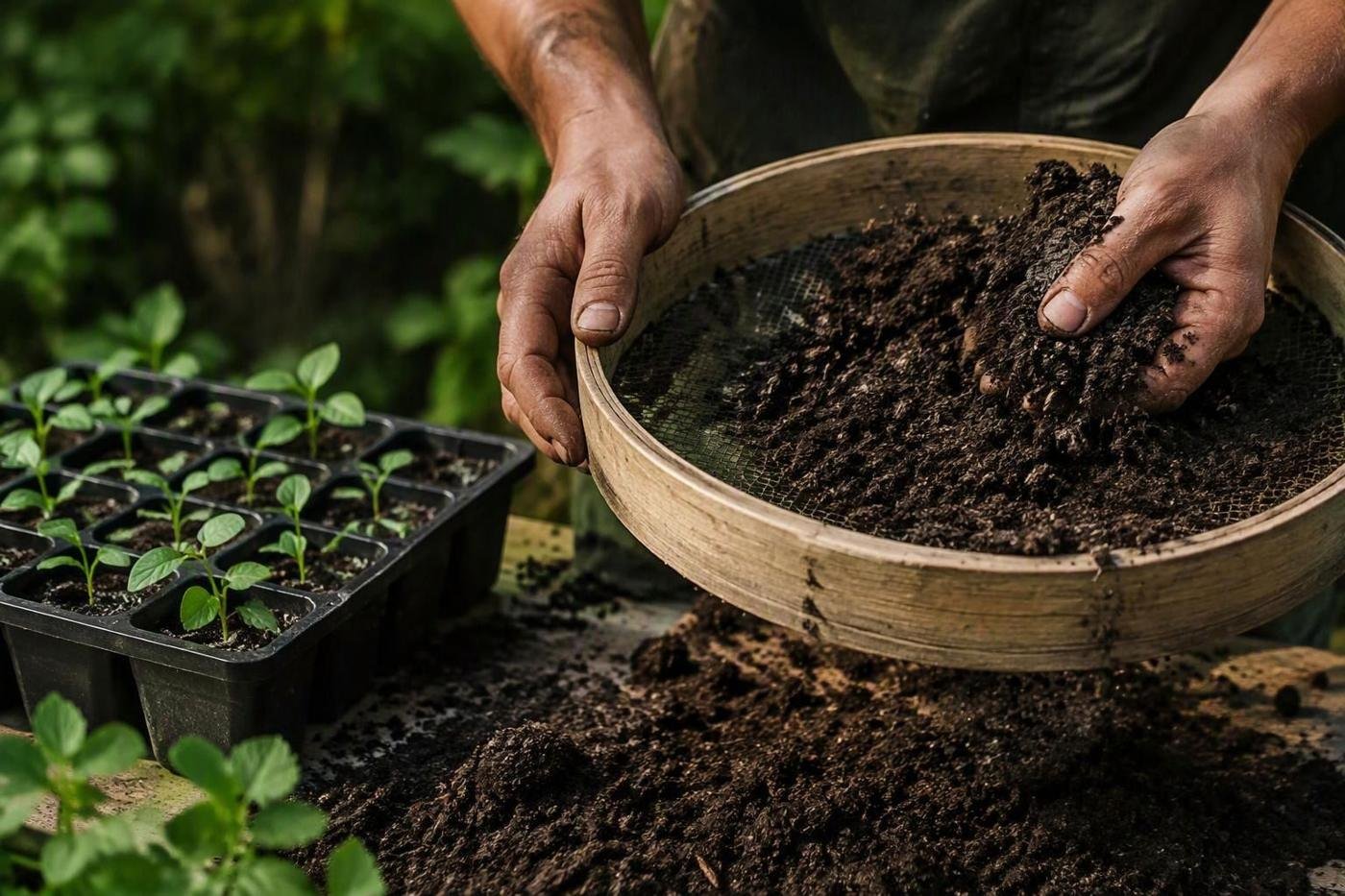 Criblage d’un compost mûr pendant une séance pratique