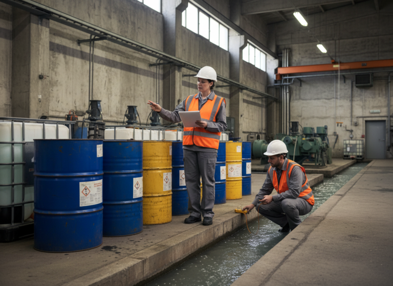 Auditeurs environnementaux inspectant une installation industrielle