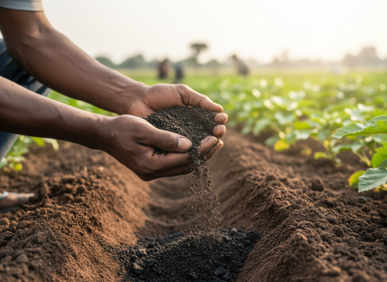 Biochar tenu dans les mains au-dessus d’un sol cultivé
