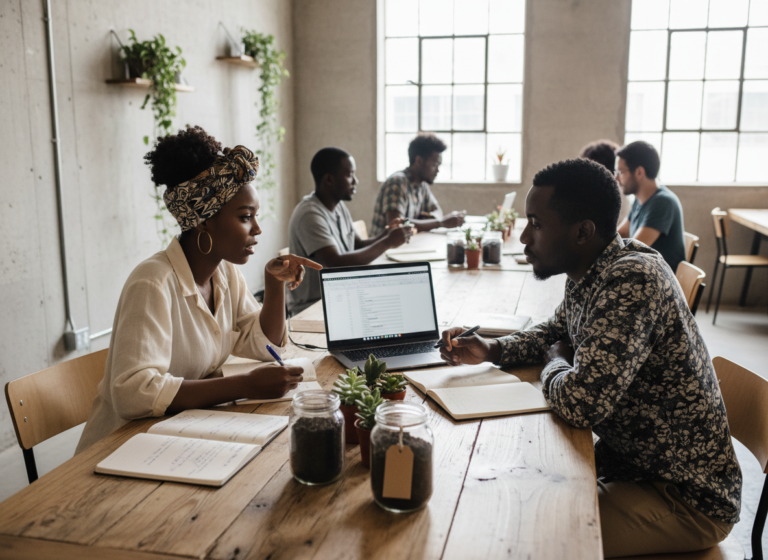 Jeunes entrepreneurs travaillant sur un projet d’entreprise verte