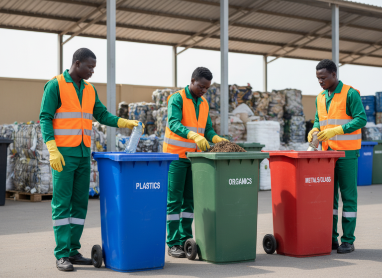 Équipe triant des déchets solides dans des bacs séparés